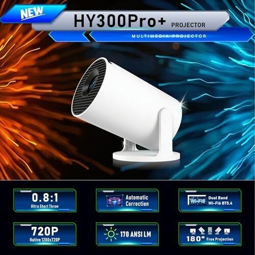 HY300PRO+ Android 14 Projektör, 720P Çözünürlük, 170 Ansı Lümen, Wi-Fi 6, Bluetooth 5.4, 4K Destekli, Otomatik Düzeltme, 30-130 Inç Görüntü, Beyaz