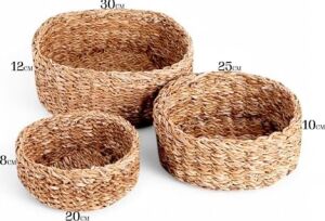 3'lü Rustik El Yapımı Doğal Yuvarlak Hasır Düzenleyici Seti | 3'lü Hasır Yuvarlak Organizer Seti – Dekoratif, Çok Amaçlı ve Dayanıklı Rattan Sepetler (30X30X12CM – 25X25X10CM – 20X20X8CM)