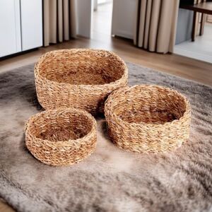 3'lü Rustik El Yapımı Doğal Yuvarlak Hasır Düzenleyici Seti | 3'lü Hasır Yuvarlak Organizer Seti – Dekoratif, Çok Amaçlı ve Dayanıklı Rattan Sepetler (30X30X12CM – 25X25X10CM – 20X20X8CM)