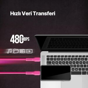 Usb-C - Usb-C 120CM 60W Pd/qc Hızlı Şarj/data Kablosu Neon 2DK59N (Neon Pembe)