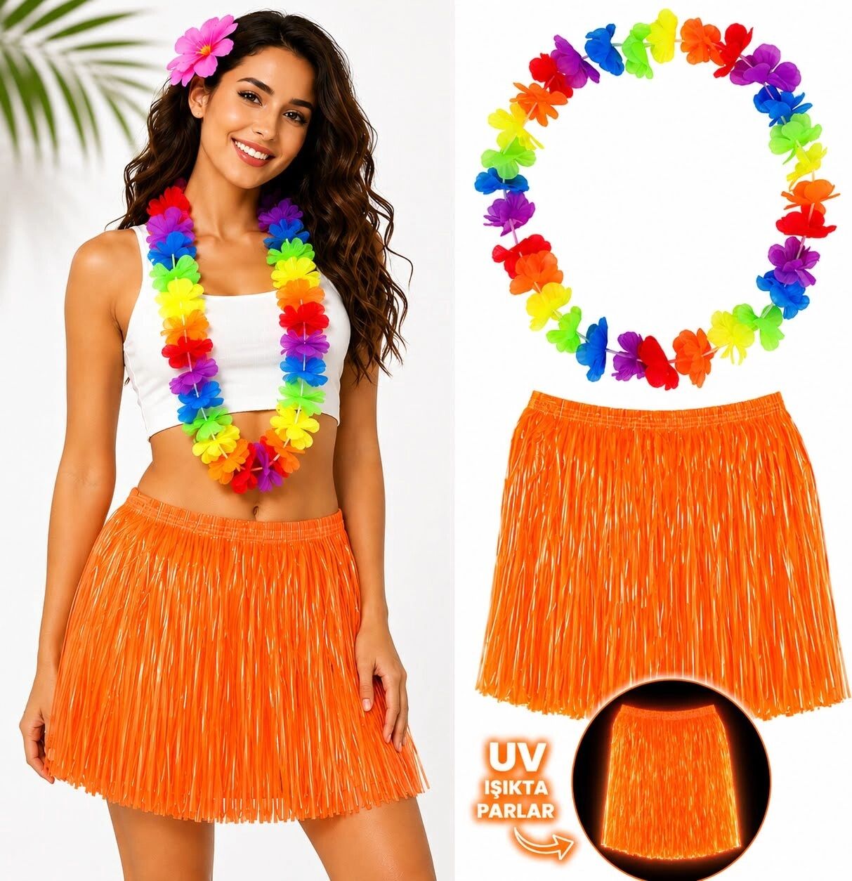 Neon Turuncu Hawaii Etek 40 cm ve Rengarenk Hawaii Kolye