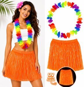 Neon Turuncu Hawaii Etek 40 cm ve Rengarenk Hawaii Kolye