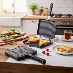 Çift Taraflı Ocak Üstü Döküm Tost Makinesi, Granit Efektli Yanmaz Yapışmaz Sandviç ve Tost Tavası - Hamburger, Omlet ve Aperatifler Için Ideal | Ergonomik Saplı Kolay Temizlenebilir Grill Tava